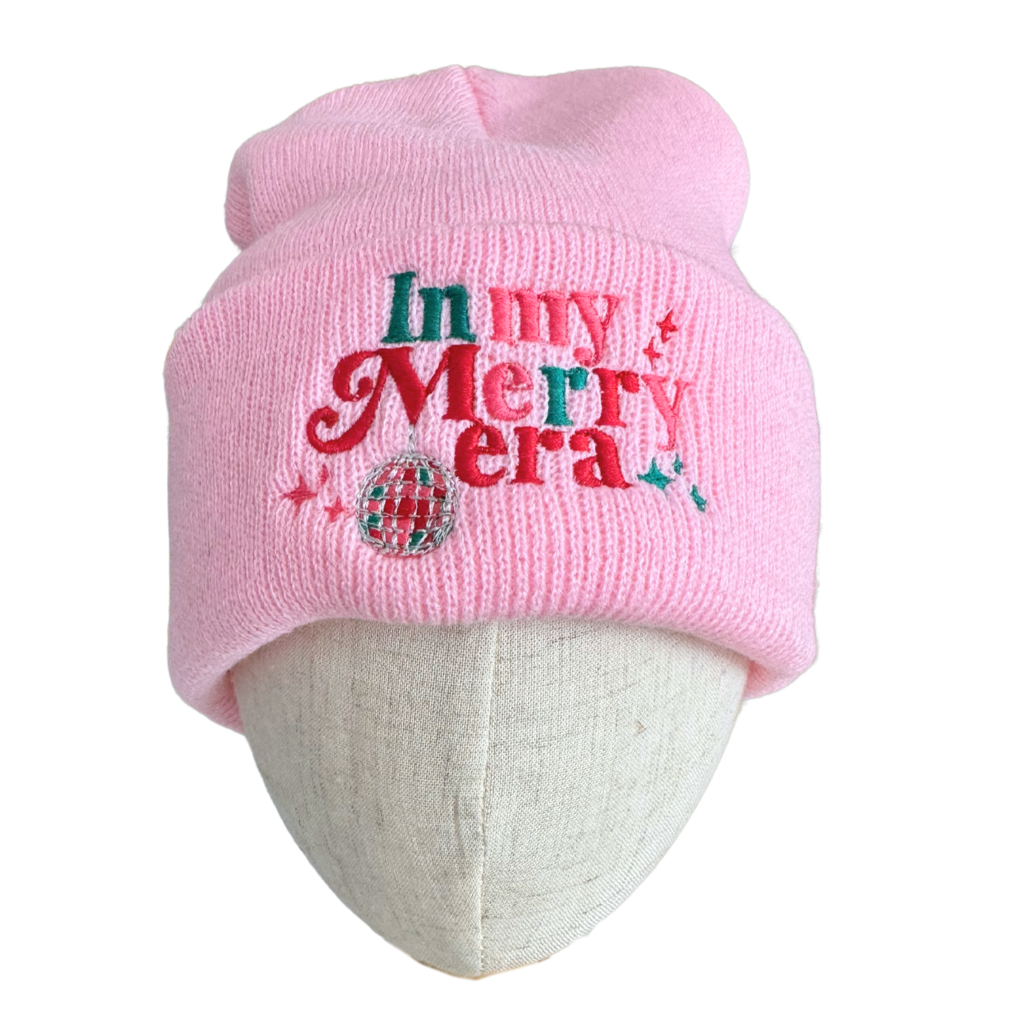 Pink beanie with "In My Merry Era" embroidery inspired by Taylor Swift and a disco ball detail

