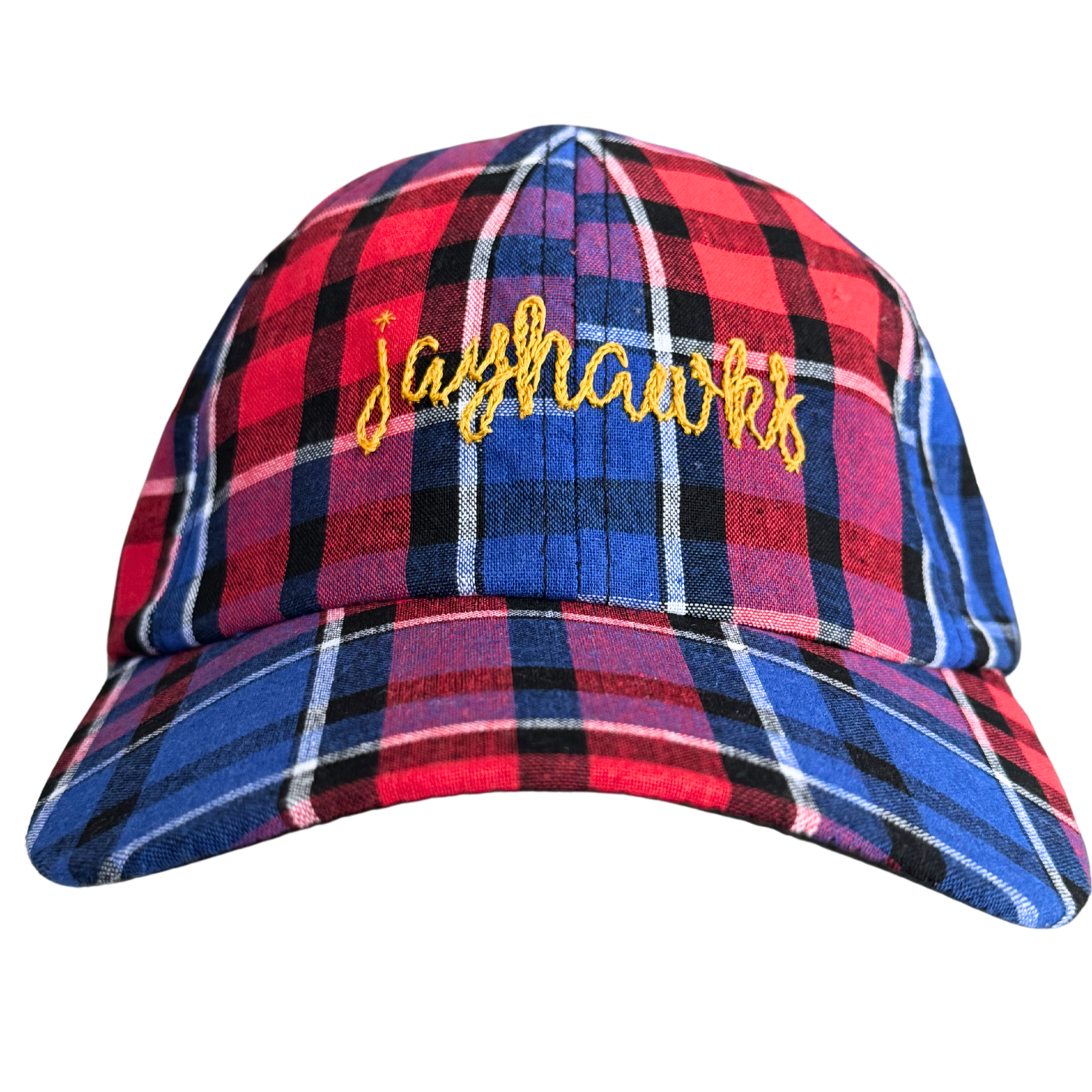 Kansas Jayhawks plaid hat with red and blue pattern and yellow embroidered script.