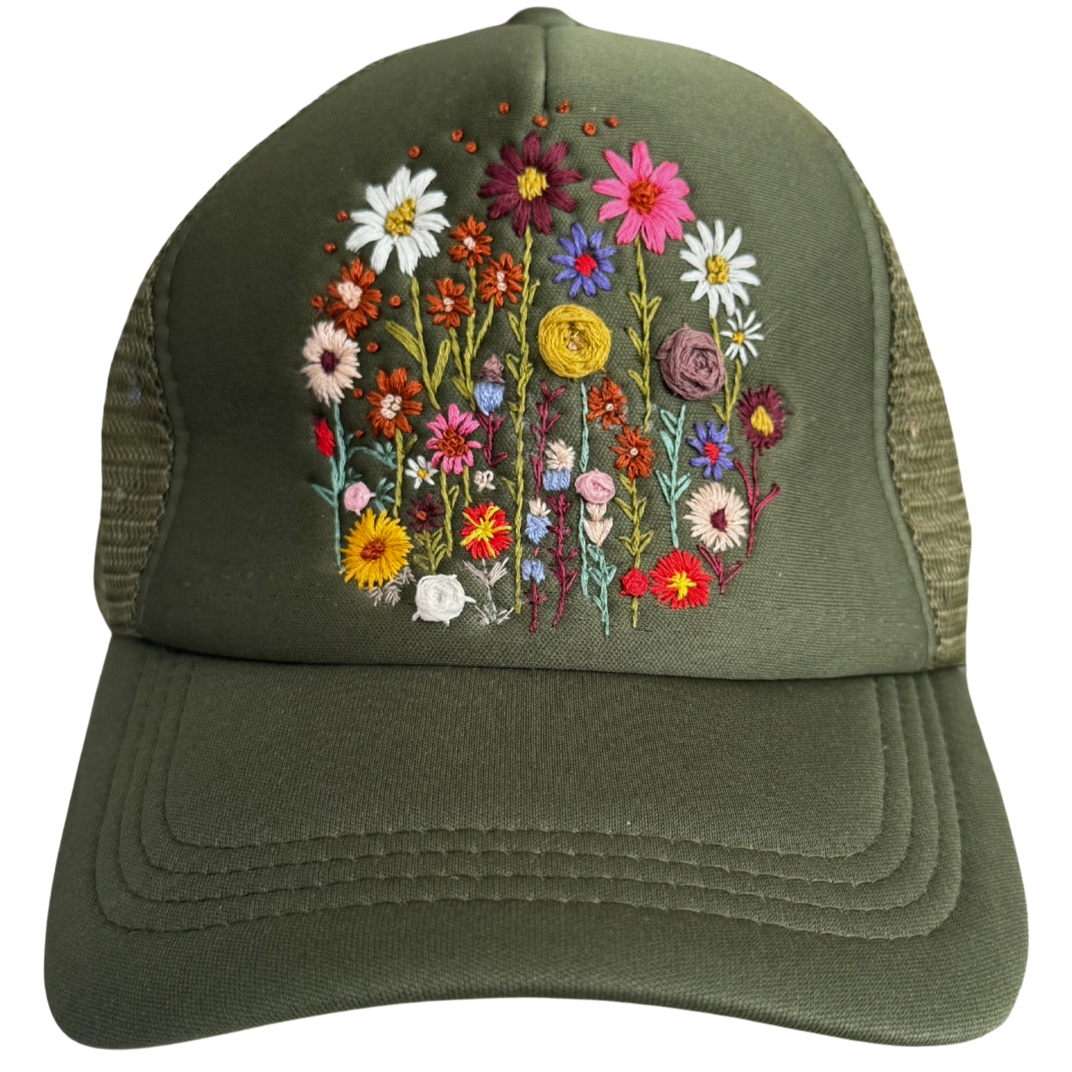 Wildflower Field Embroidered Hat in Olive Green with Floral Design, Trucker Cap.