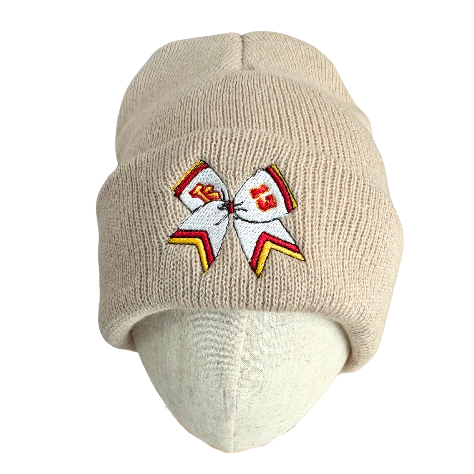 Khaki beanie with KC Chiefs colors cheer bow, embroidered with "TS" and number "13", adult size.