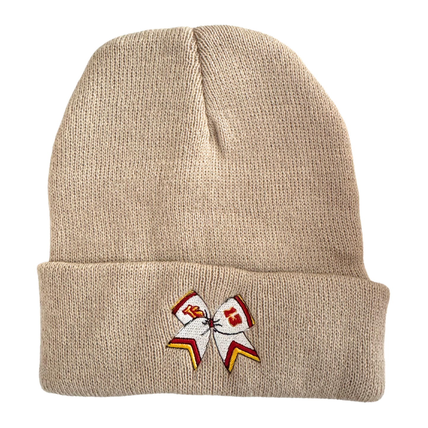 Khaki beanie with embroidered white cheer bow in KC Chiefs colors, featuring "TS" and the number "13" inspired by Taylor Swift.

