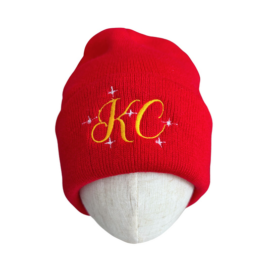 Red beanie with gold "KC" embroidery and twinkling star accents, adult size, classic Kansas City Chiefs hat.

