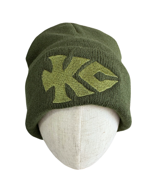 Olive green beanie with embroidered KC arrowhead logo in matching green, adult size, Chiefs-inspired Kansas City hat.

