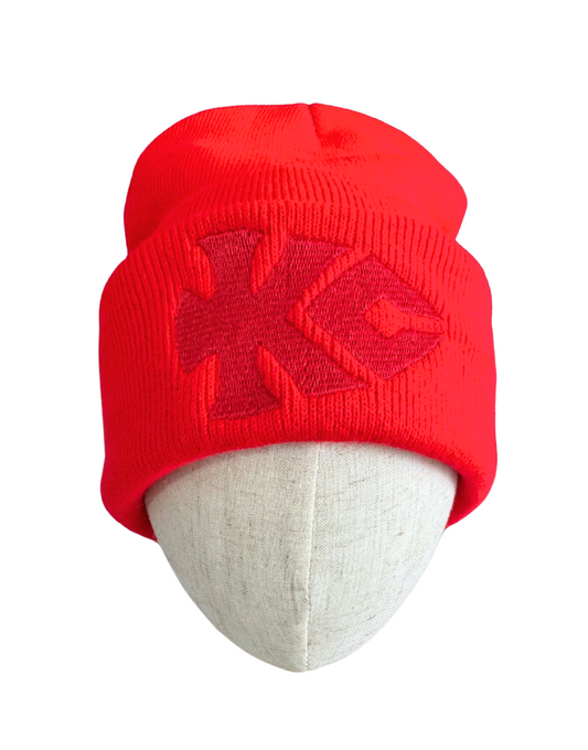 Red beanie with KC arrowhead logo embroidered in matching red, adult size, Kansas City Chiefs-inspired.

