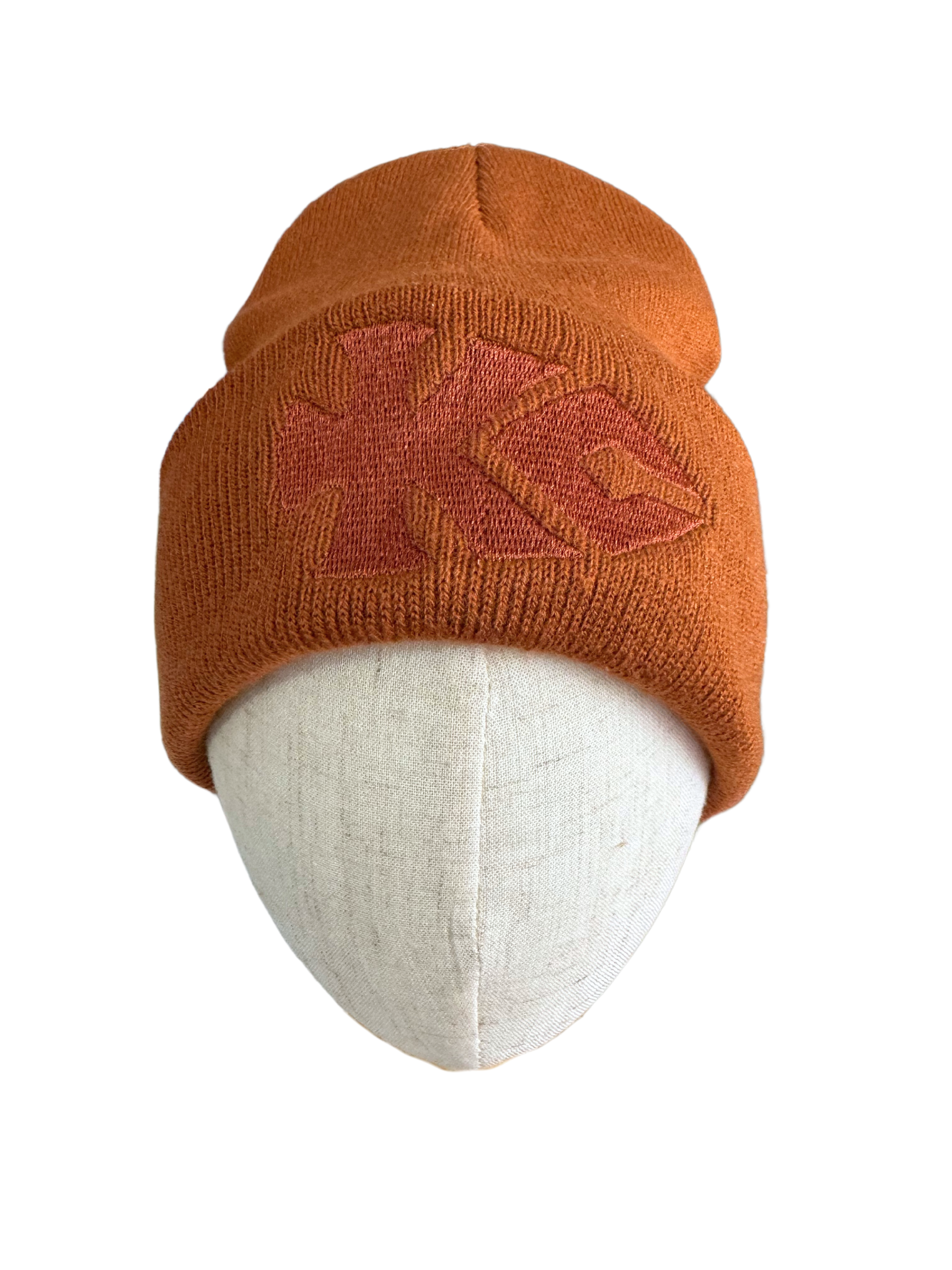 Rust orange beanie with KC arrowhead logo in matching tone, adult size, Kansas City Chiefs-inspired.

