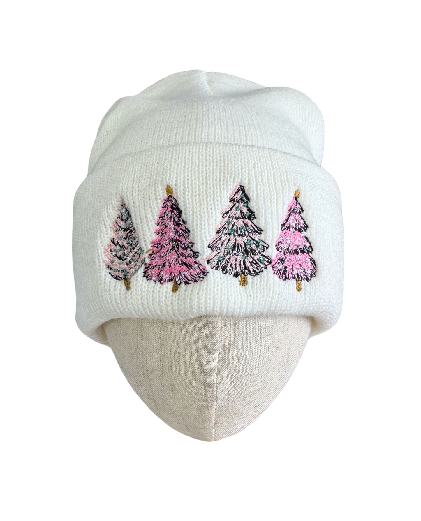 Winter white beanie with embroidered pink frosted trees, adult size, festive holiday accessory.

