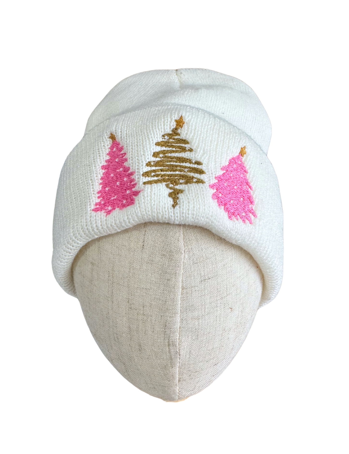 Winter white beanie with pink and gold Christmas tree embroidery in adult size.