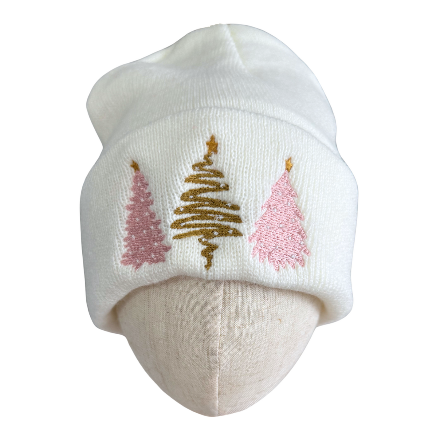 Winter white beanie with pink and gold minimalist Christmas trees design for adults.