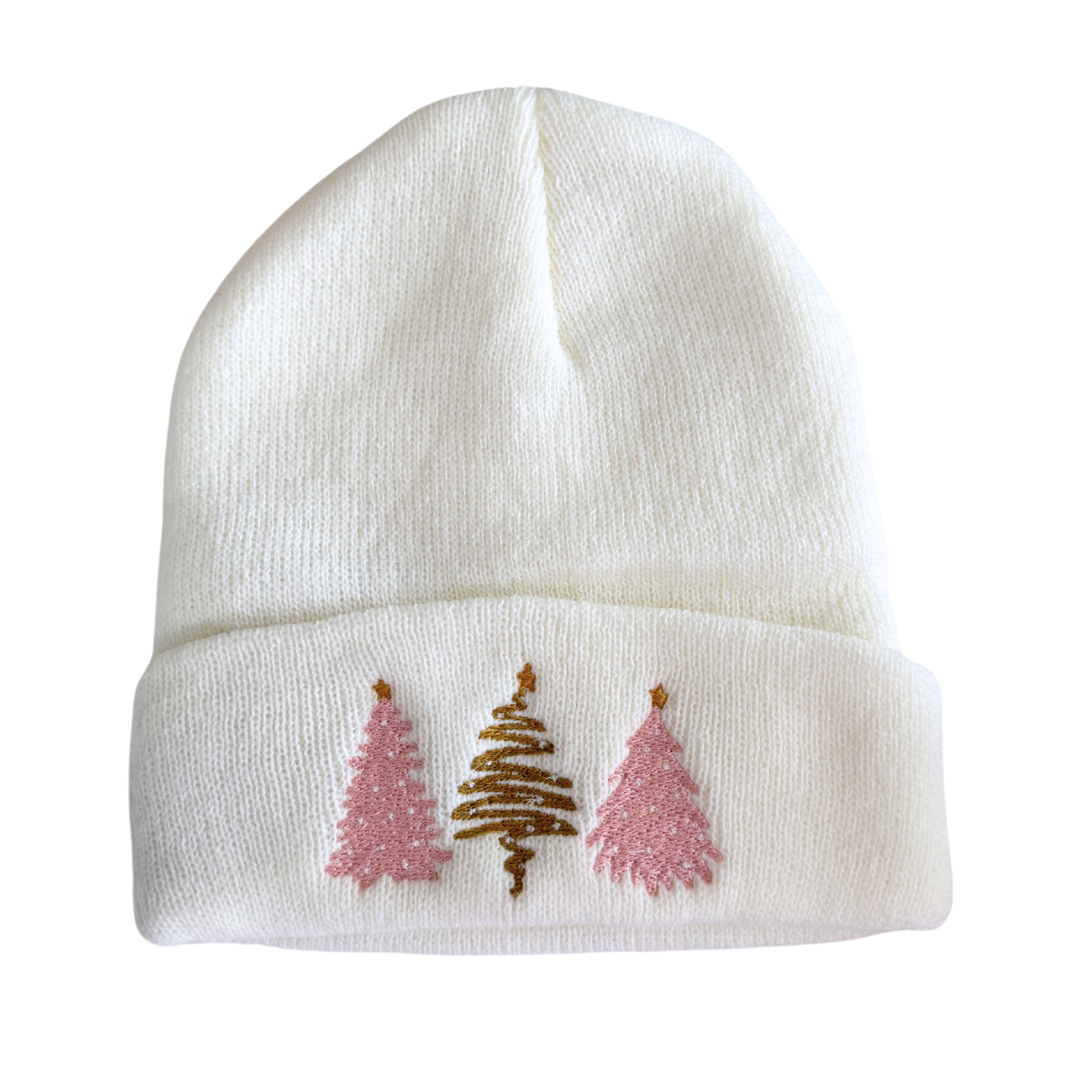 Winter white beanie with minimalist pink and gold Christmas tree embroidery, adult size, holiday season accessory.

