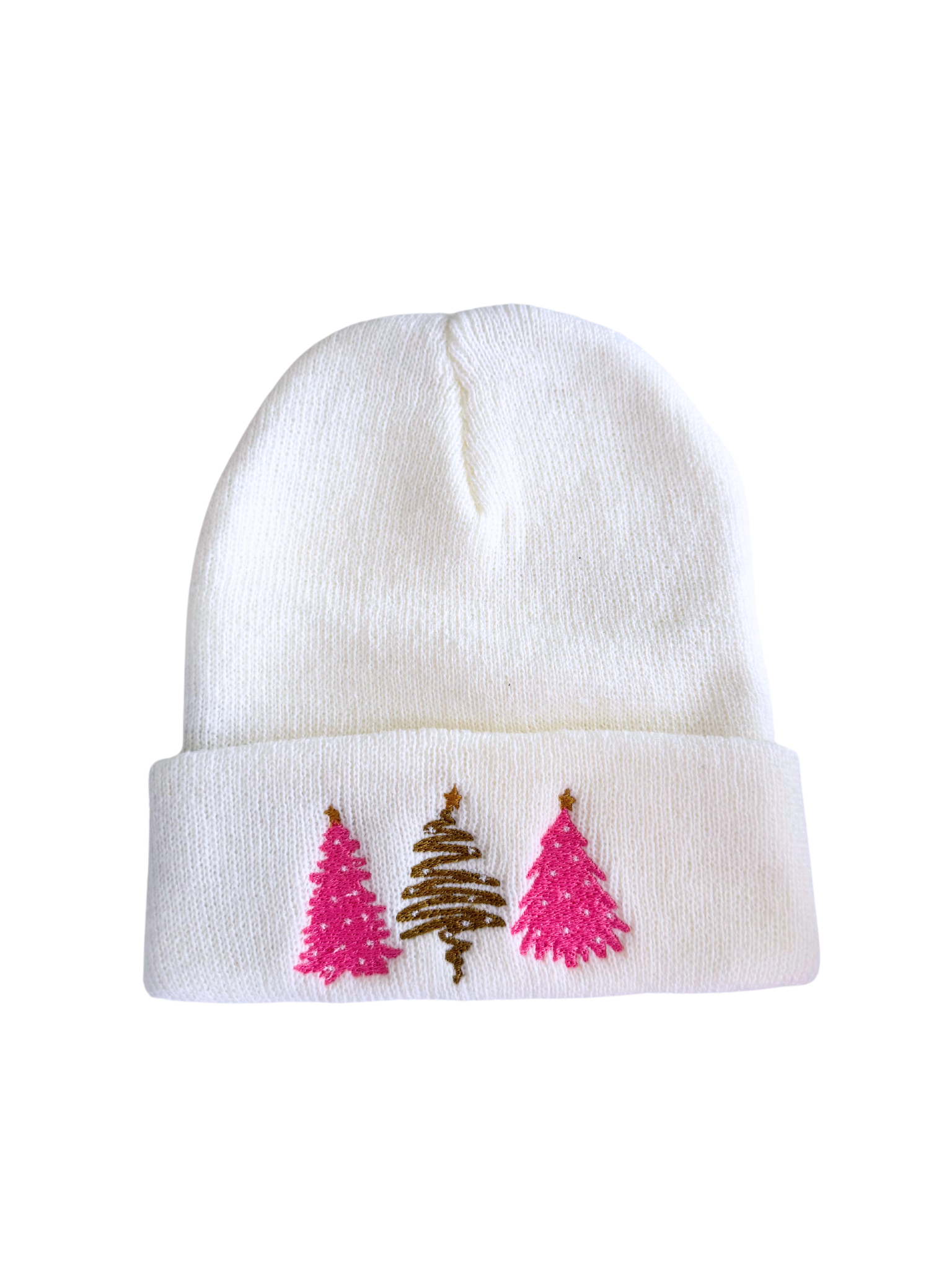 Winter white beanie with pink and gold Christmas tree embroidery, adult size, festive holiday accessory.

