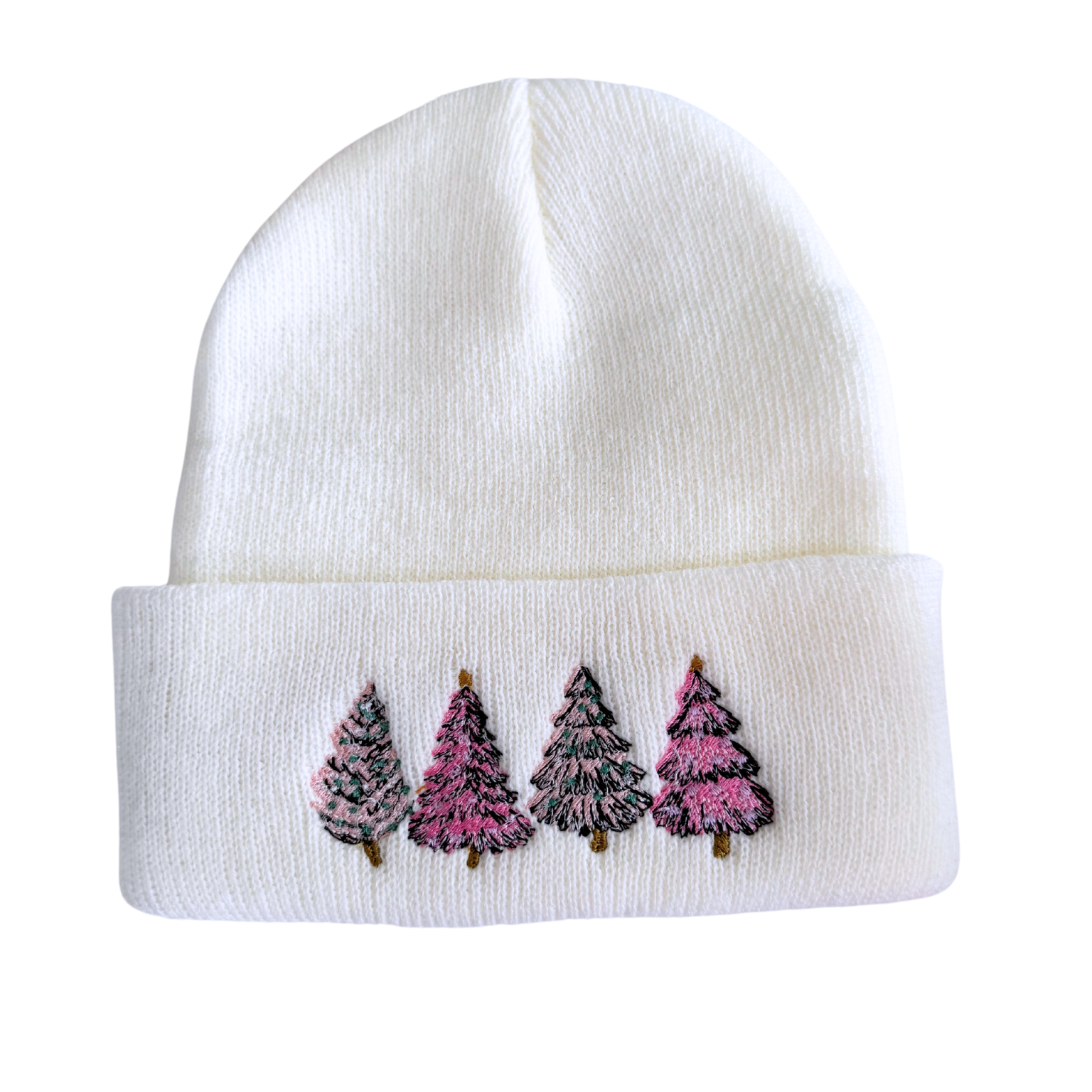 Winter white beanie with embroidered pink frosted trees, adult size, festive holiday accessory.

