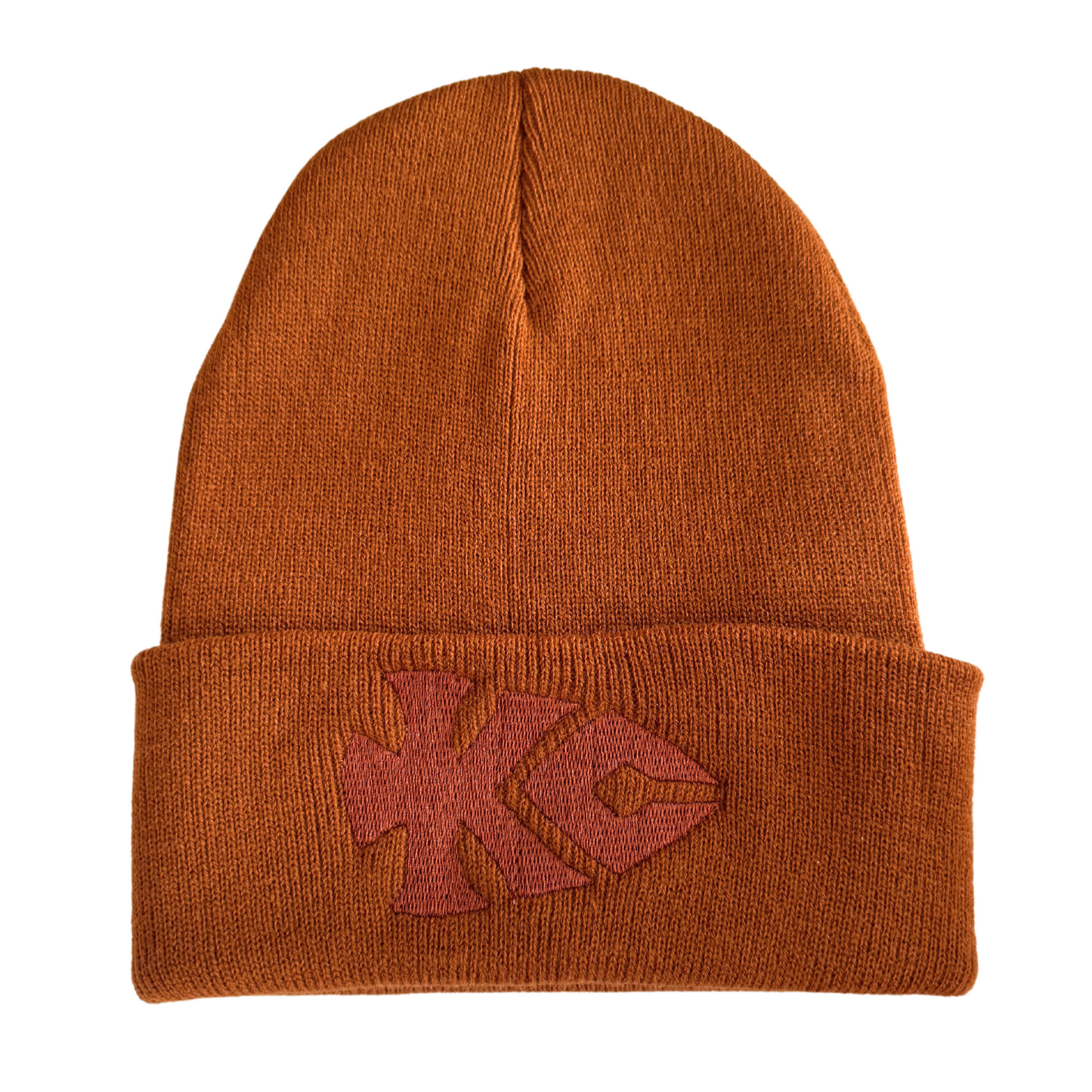 Rust orange beanie with KC arrowhead logo in matching tone, adult size, Kansas City Chiefs-inspired.

