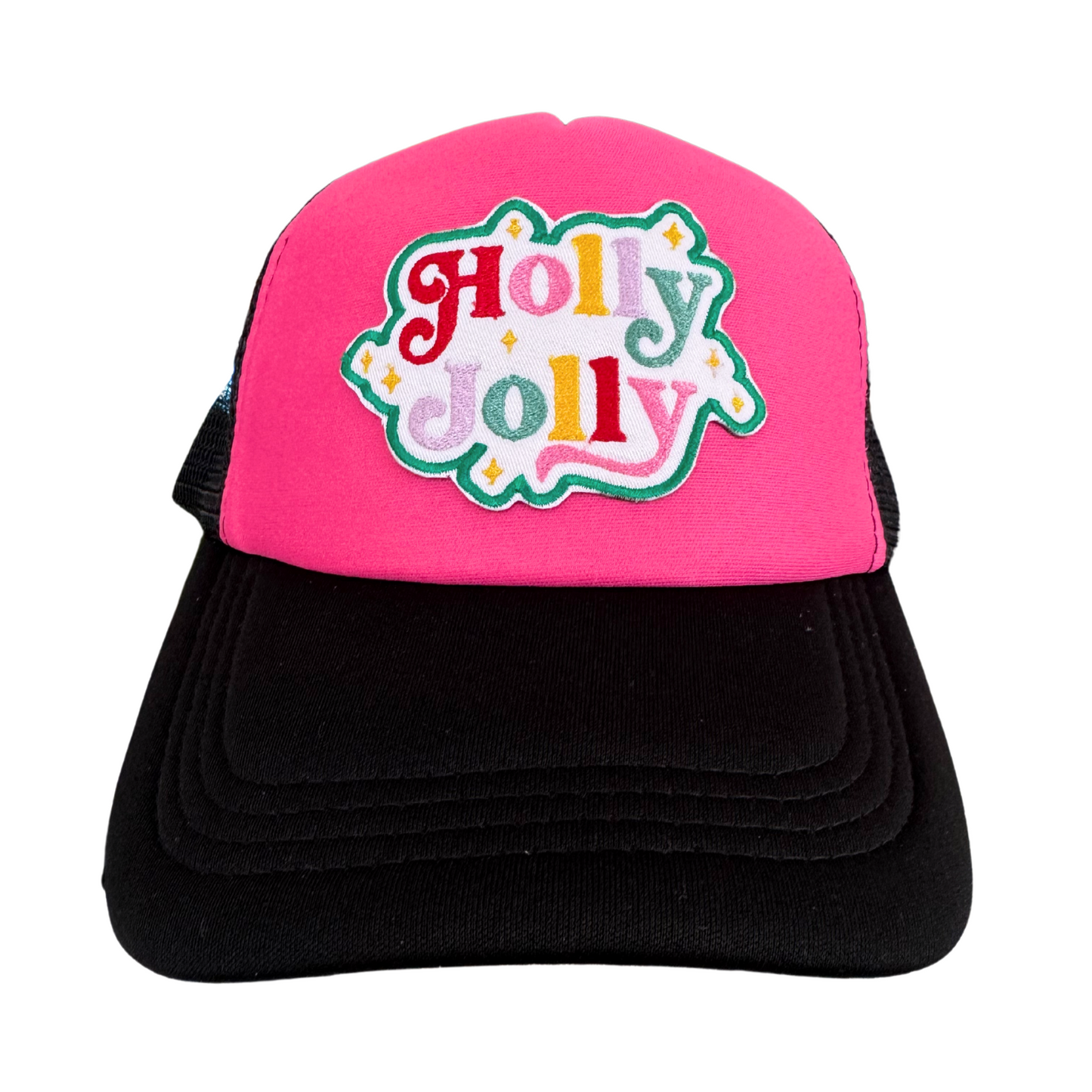 Festive black trucker hat with "Holly Jolly" design on pink crown.