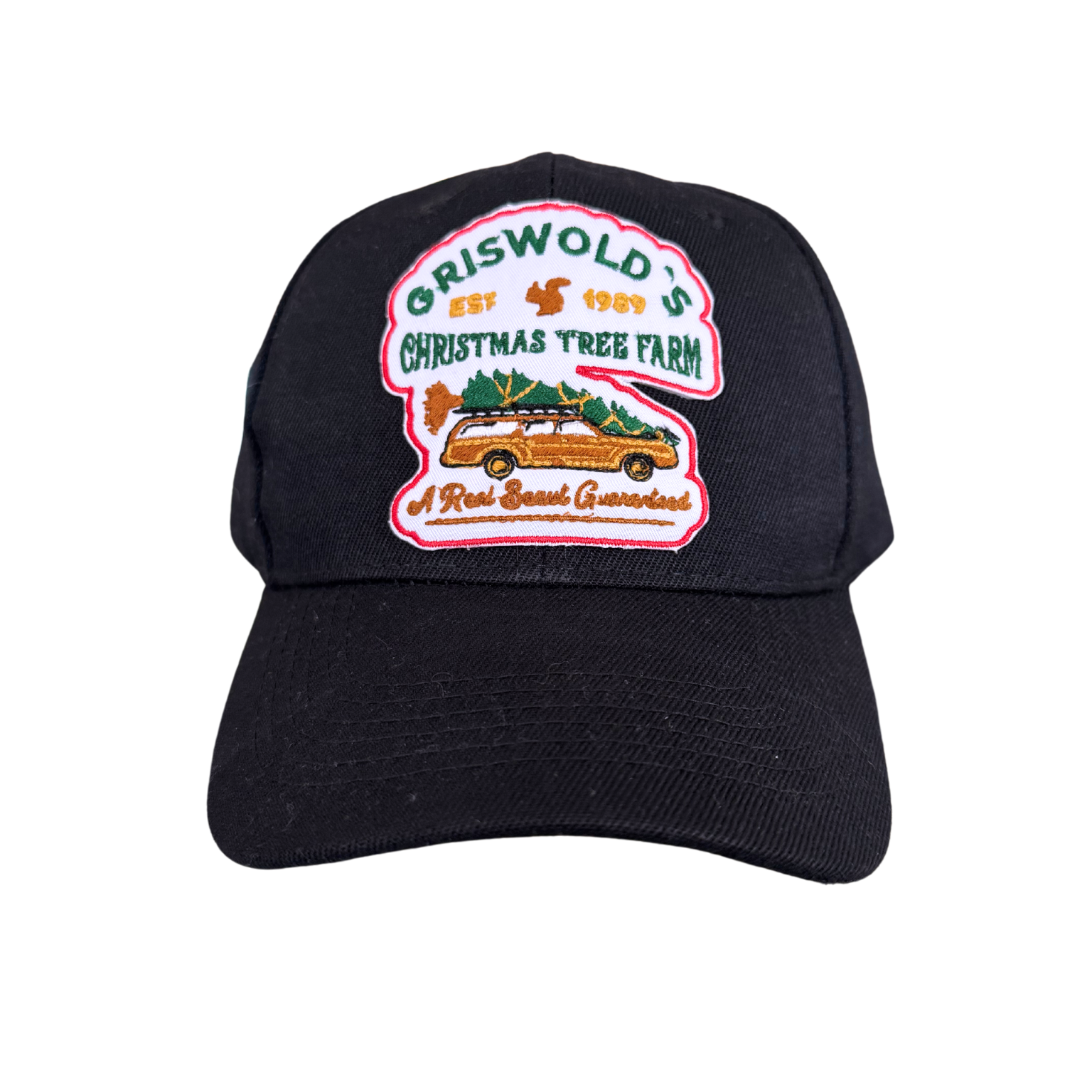 Griswold's Christmas Tree Farm Hat with embroidered patch featuring station wagon and tree, inspired by National Lampoon's Christmas Vacation.