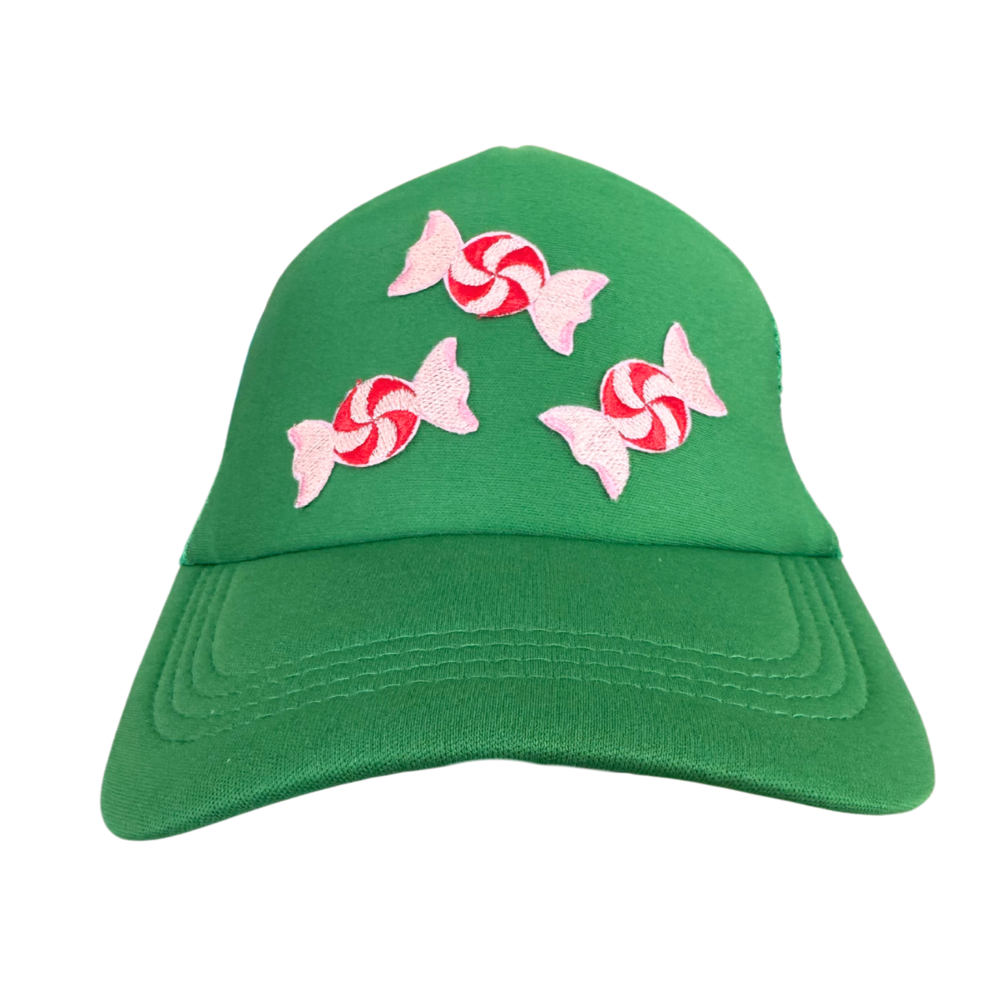 Peppermint candy green trucker hat with festive embroidered design, handmade in Kansas City.