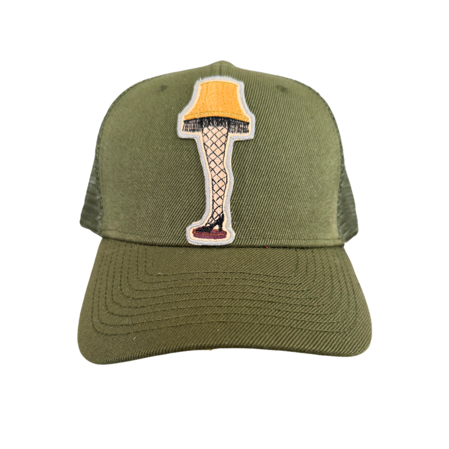 Olive green trucker hat with embroidered "A Christmas Story" leg lamp patch, handmade in Kansas City.