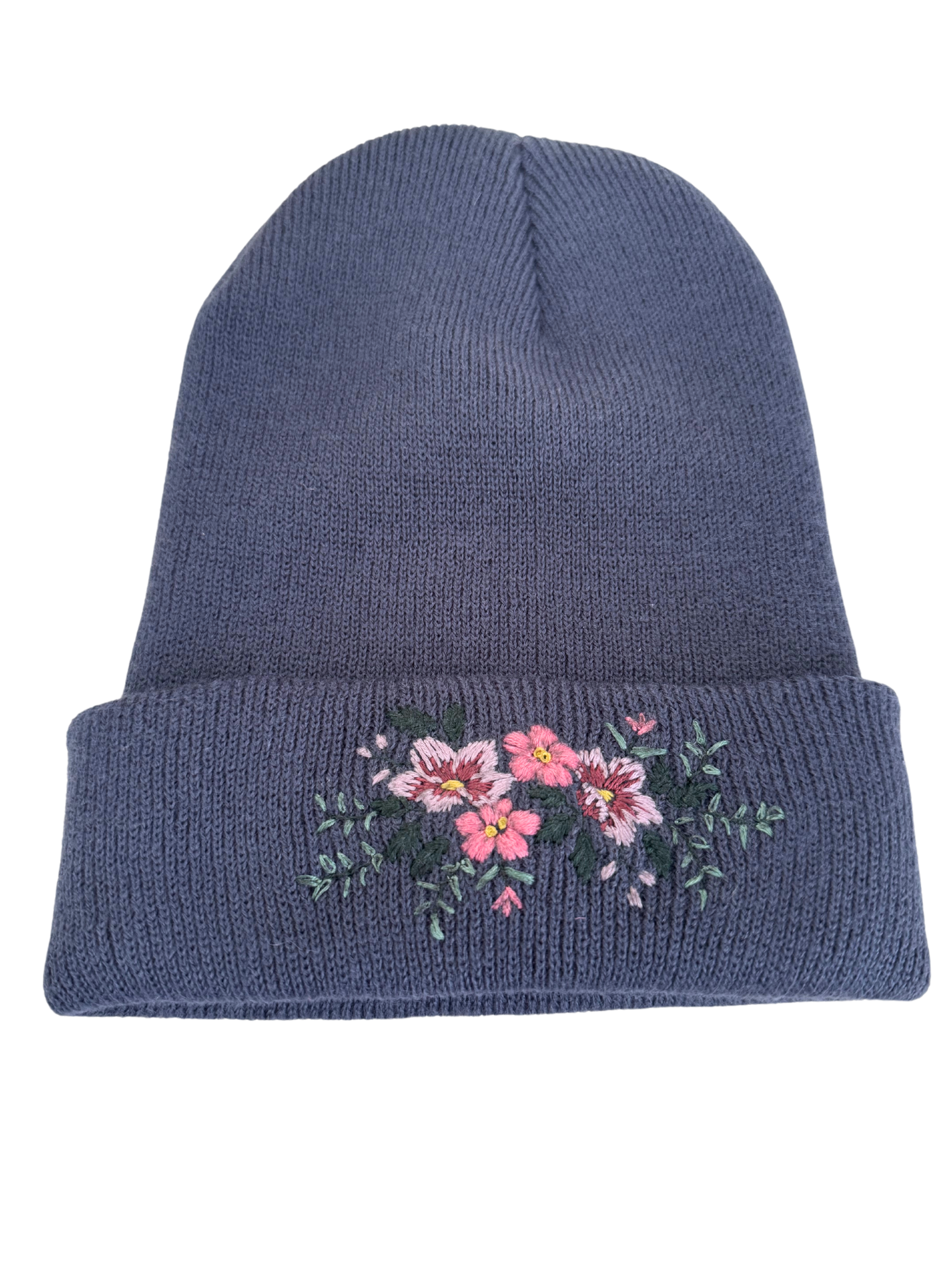 Blue/Gray knit beanie featuring detailed hand embroidery of pink wildflowers and greenery.
