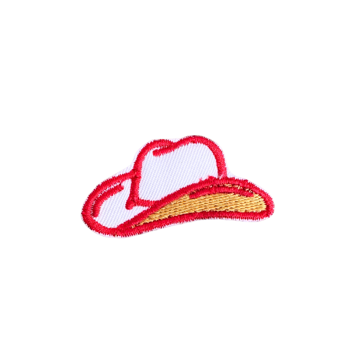 Handmade embroidered cowboy hat iron-on patch in Kansas City Chiefs colors, red and gold, ready to ship.

