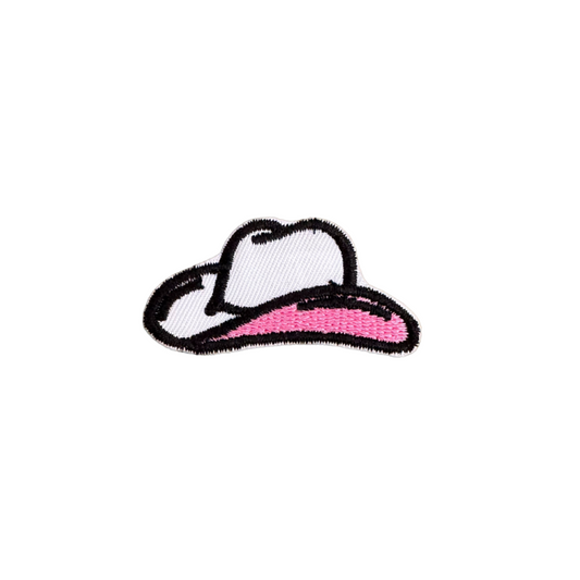 Handmade embroidered pink cowboy hat iron-on patch with black and white accents, ready to ship.

