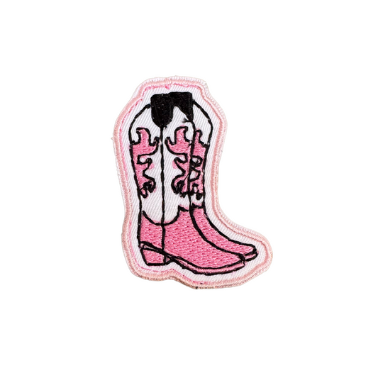 Handmade embroidered pink cowgirl boots iron-on patch with black and white detailing, ready to ship.

