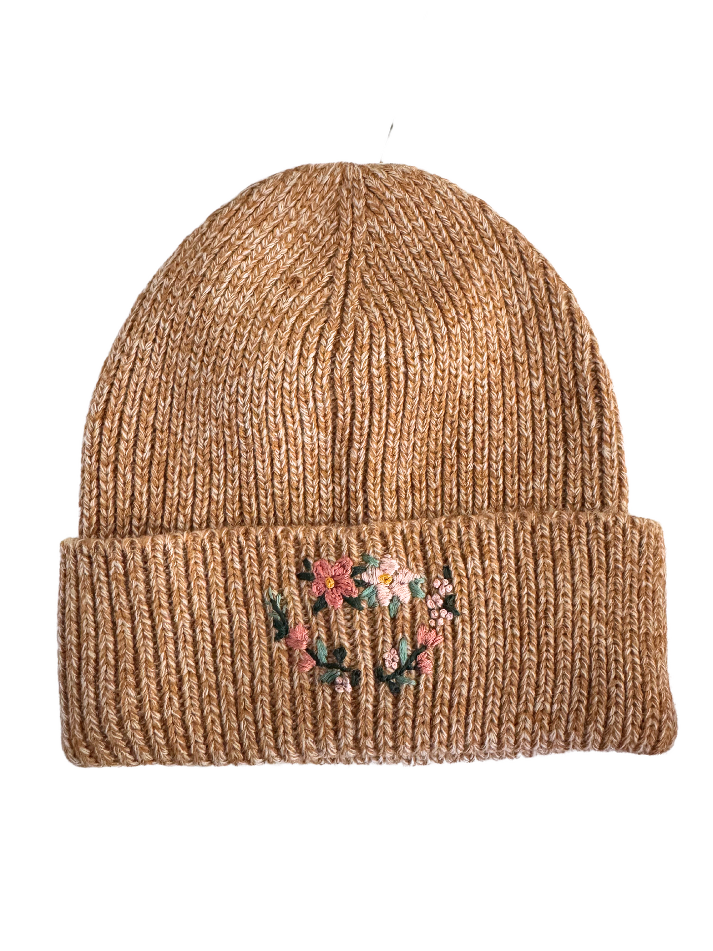 Golden Hand Embroidered Beanie – Cozy Knit Hat with Floral Wreath Design, Artisan Winter Accessory