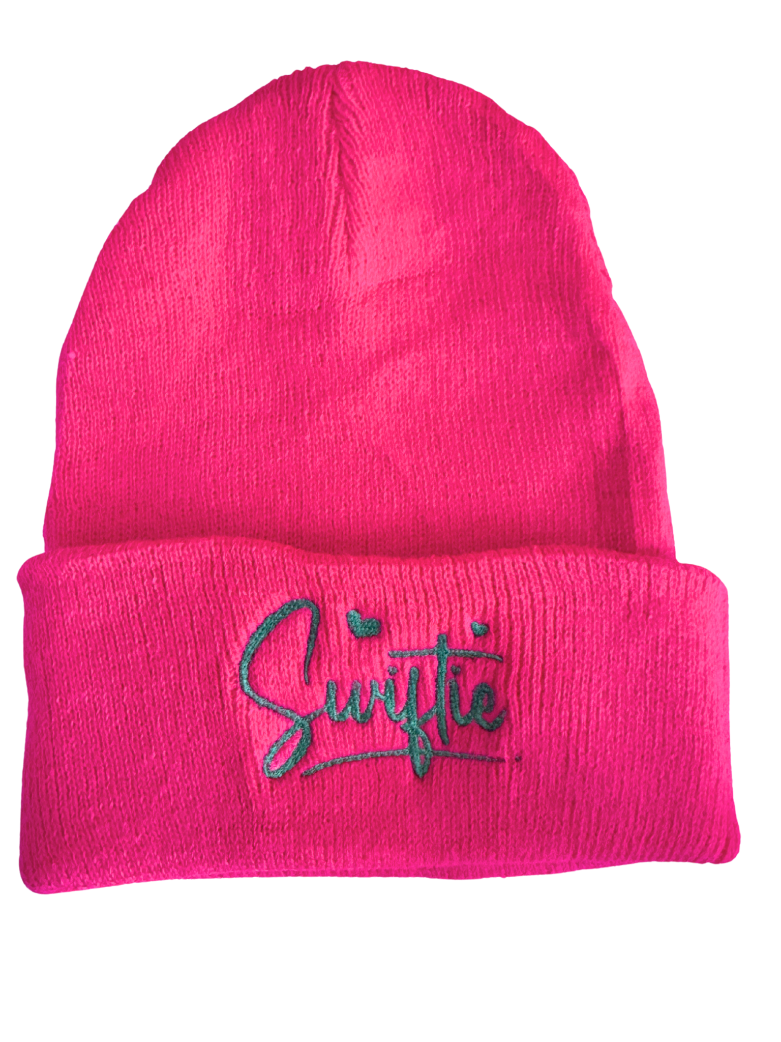 Hot pink beanie with teal "Swiftie" embroidery.

