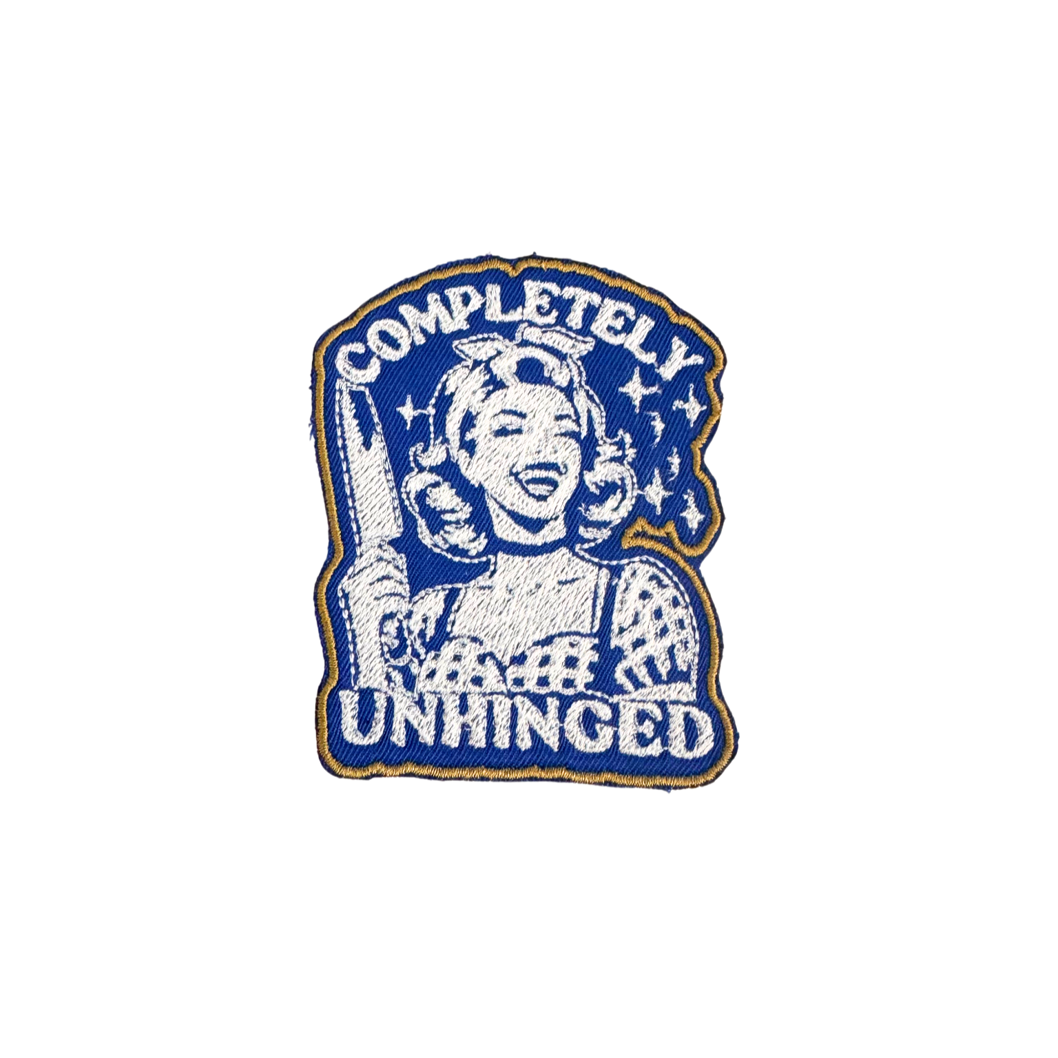 Handmade "Completely Unhinged" iron-on patch featuring a retro character with a cleaver, blue and white embroidery, ready to ship.

