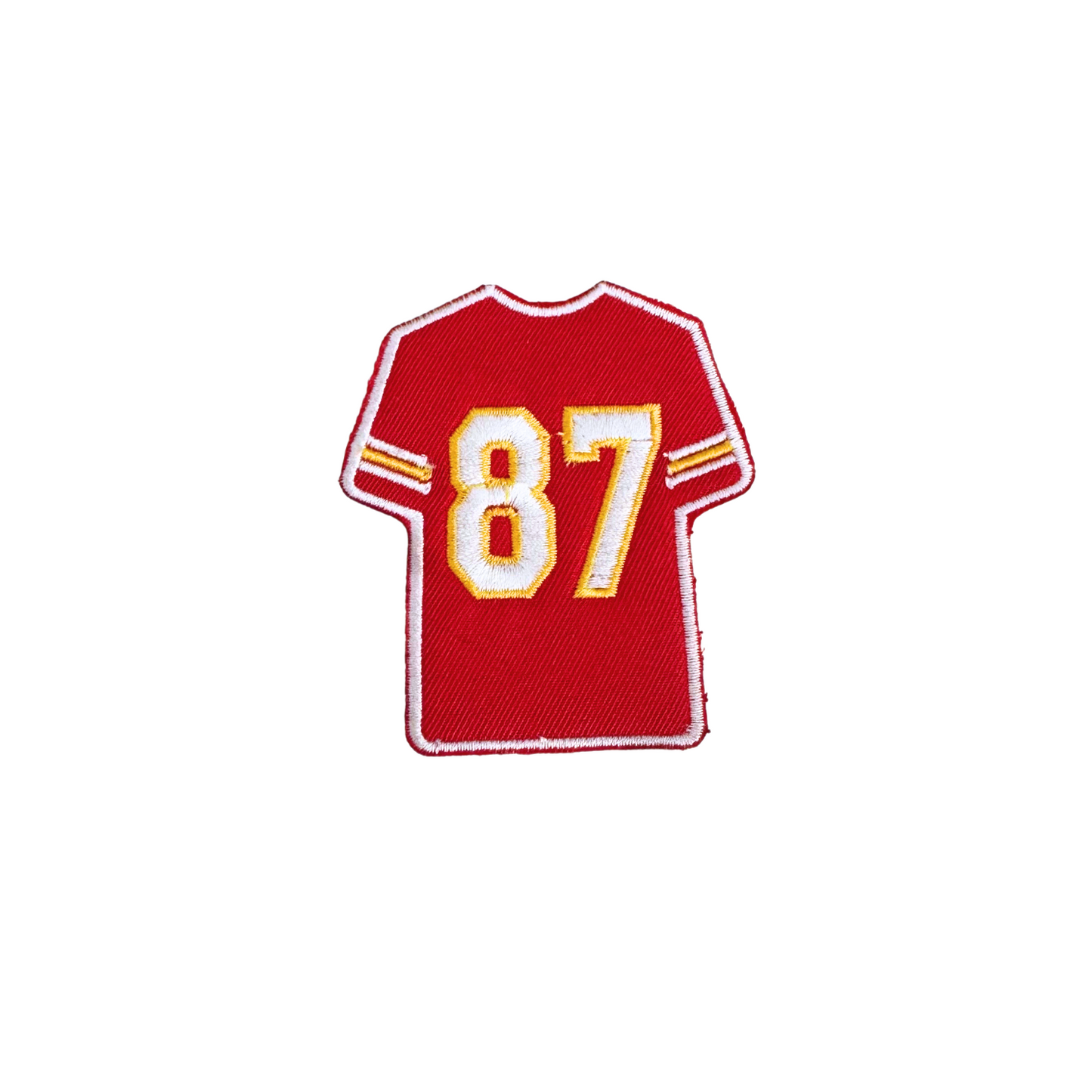 Handmade Kansas City Chiefs inspired iron-on patch, red jersey design with #87, bold embroidery.