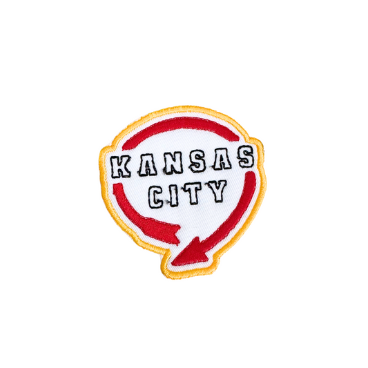 Kansas City iron-on patch inspired by Western Auto sign in Chiefs colors, handmade, ready to ship.