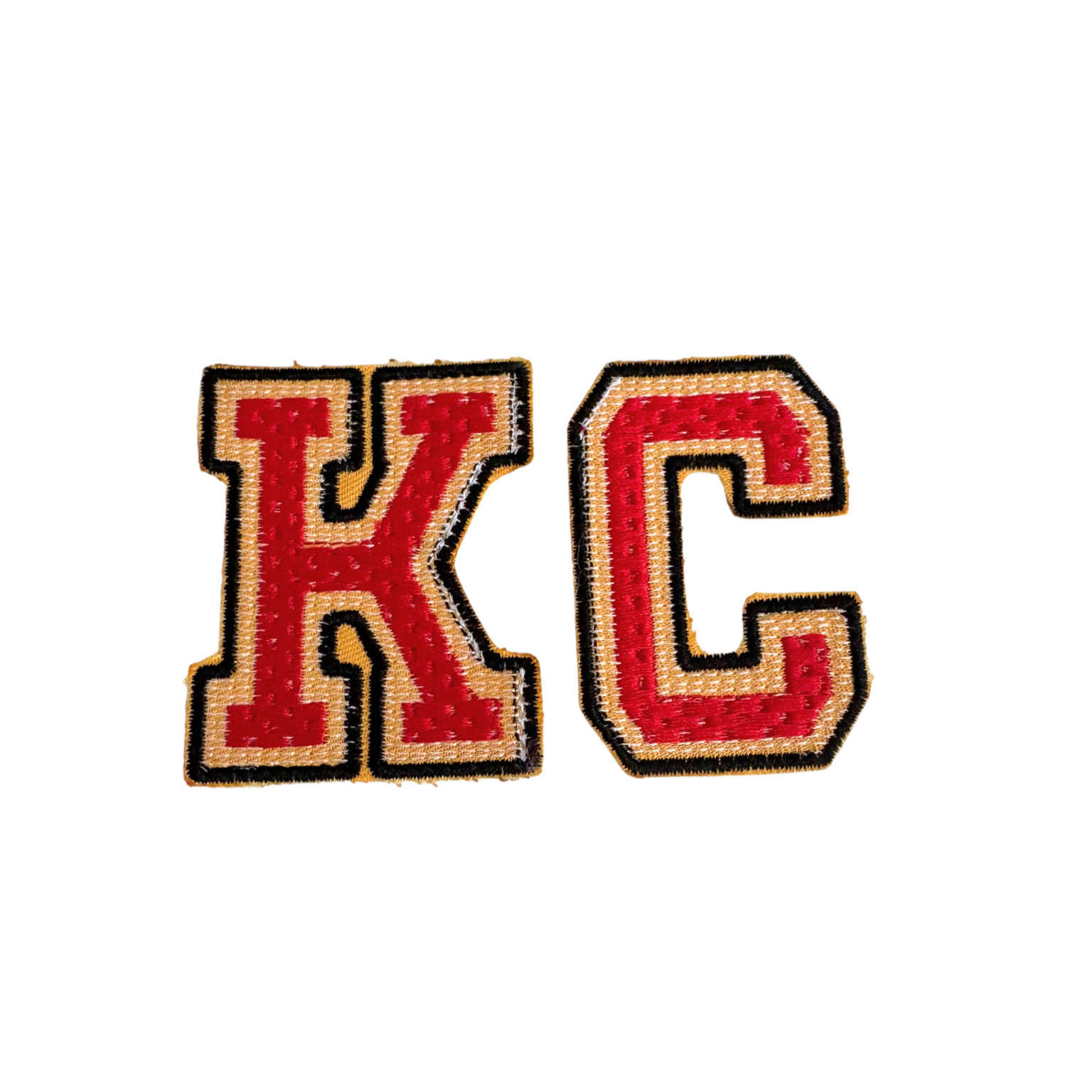 KC varsity letter iron-on patch in Chiefs colors red, gold, black, handmade.