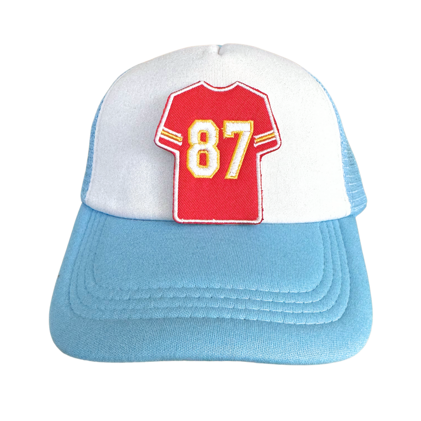 Handmade 87 jersey iron-on patch inspired by the Kansas City Chiefs, featuring red, white, and gold embroidery.

