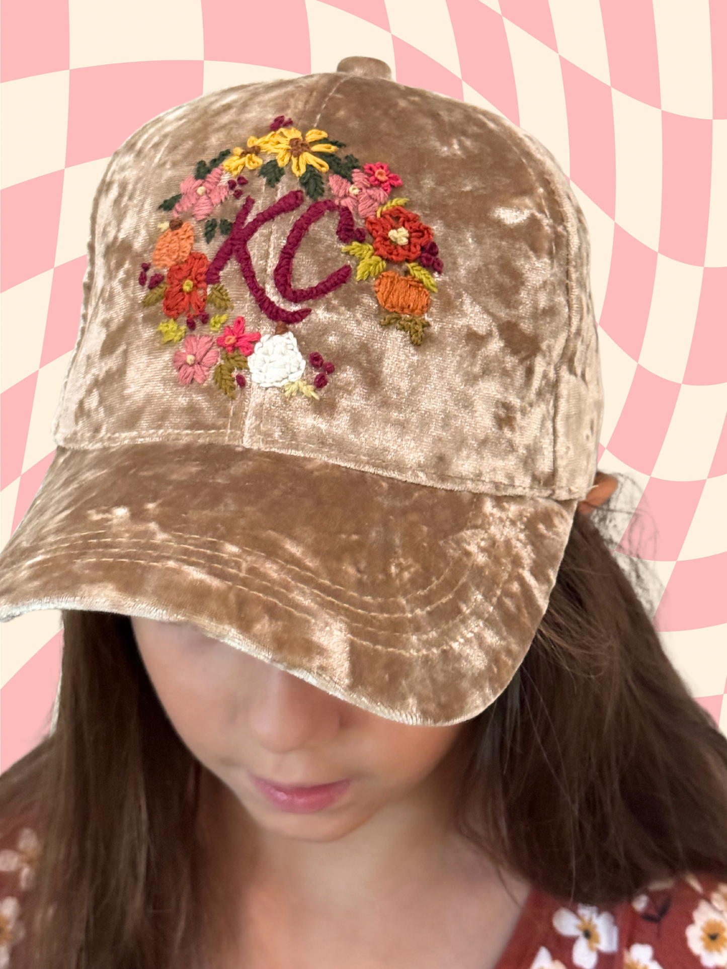 Hand Embroidered KC Floral Hat – Crushed Velvet Tan Cap Handmade in Kansas City