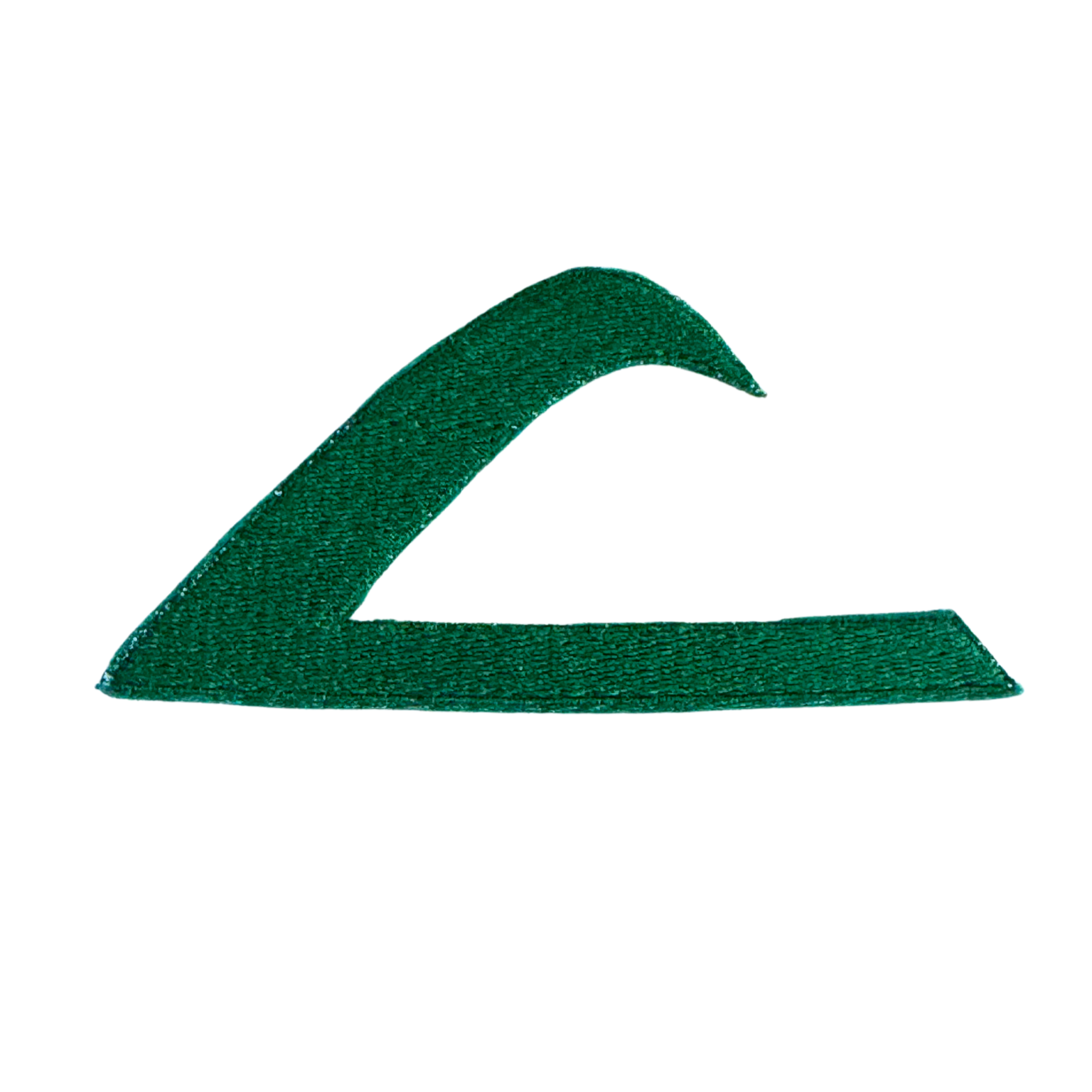 Close-up of embroidered green and white curved symbol patch
