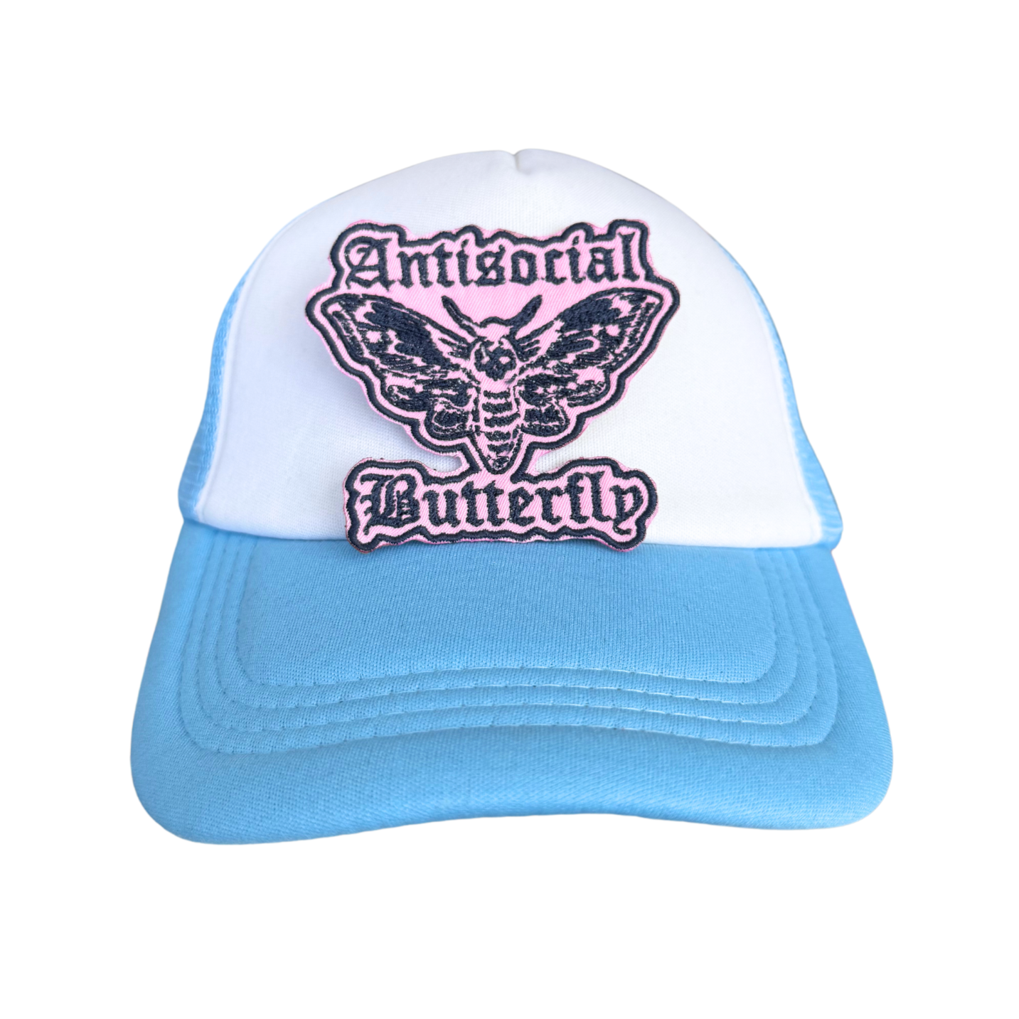 Trucker hat with the Antisocial Butterfly embroidered patch ironed onto the front.

