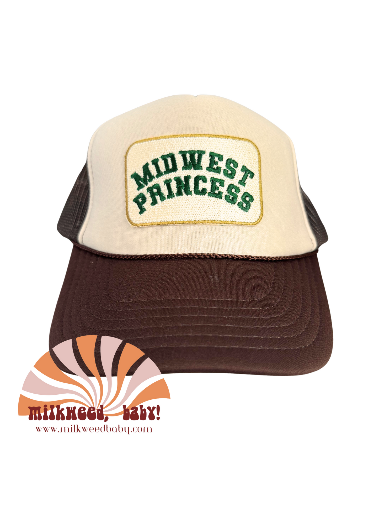 "Midwest Princess" patch in green lettering, inspired by Chappell Roan, heat pressed on a brown and cream trucker hat.

