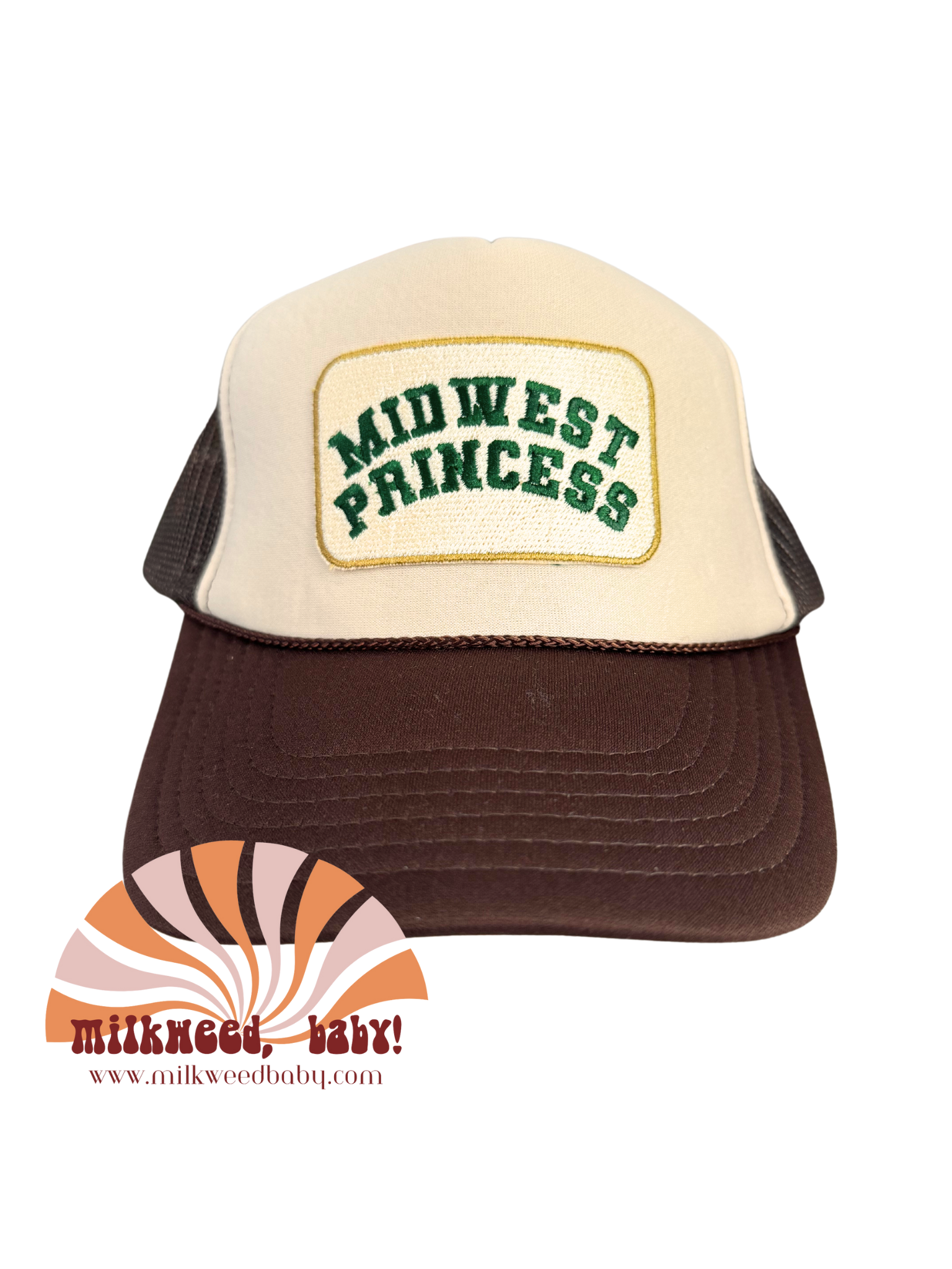 "Midwest Princess" patch in green lettering, inspired by Chappell Roan, heat pressed on a brown and cream trucker hat.

