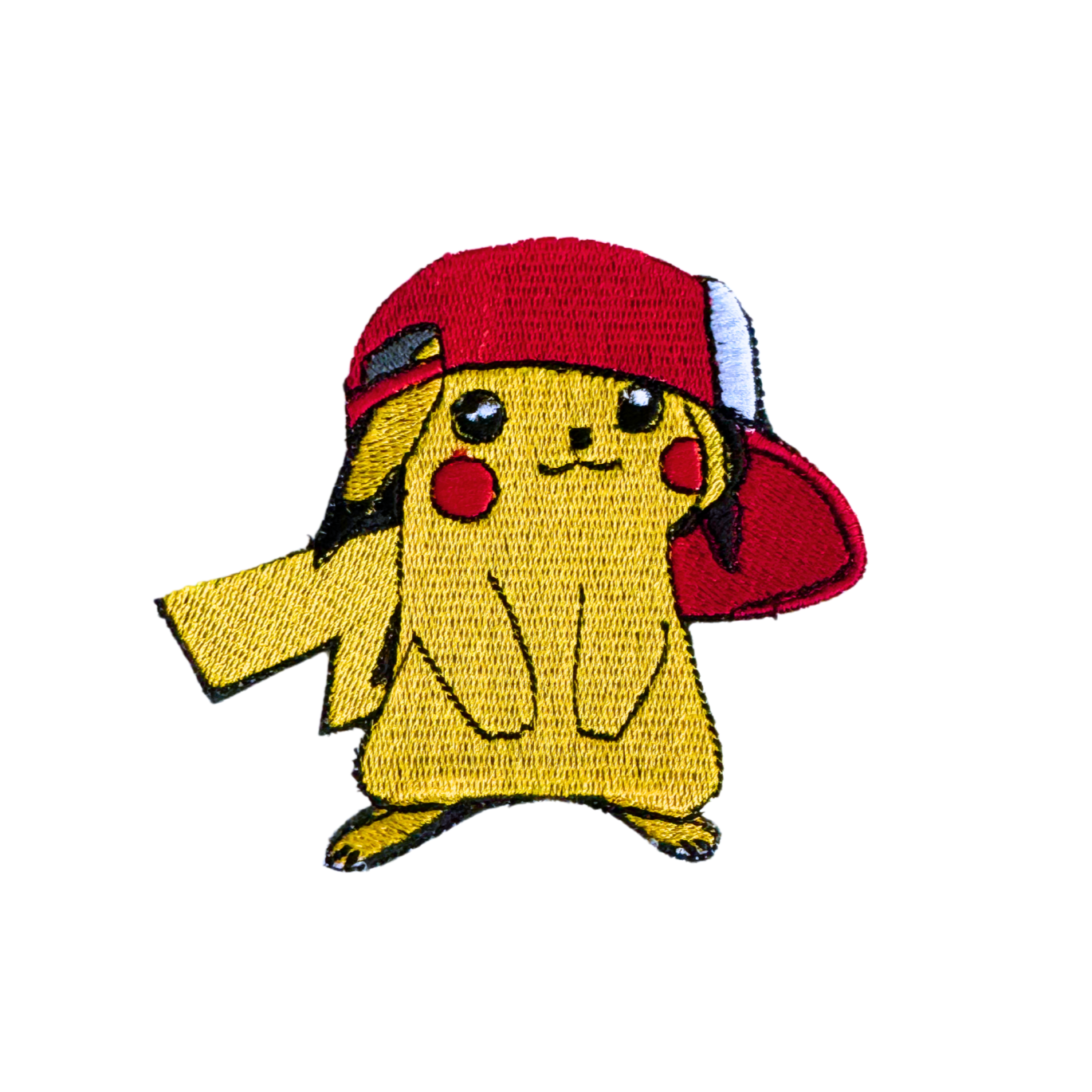 Embroidered yellow mouse patch with red cap