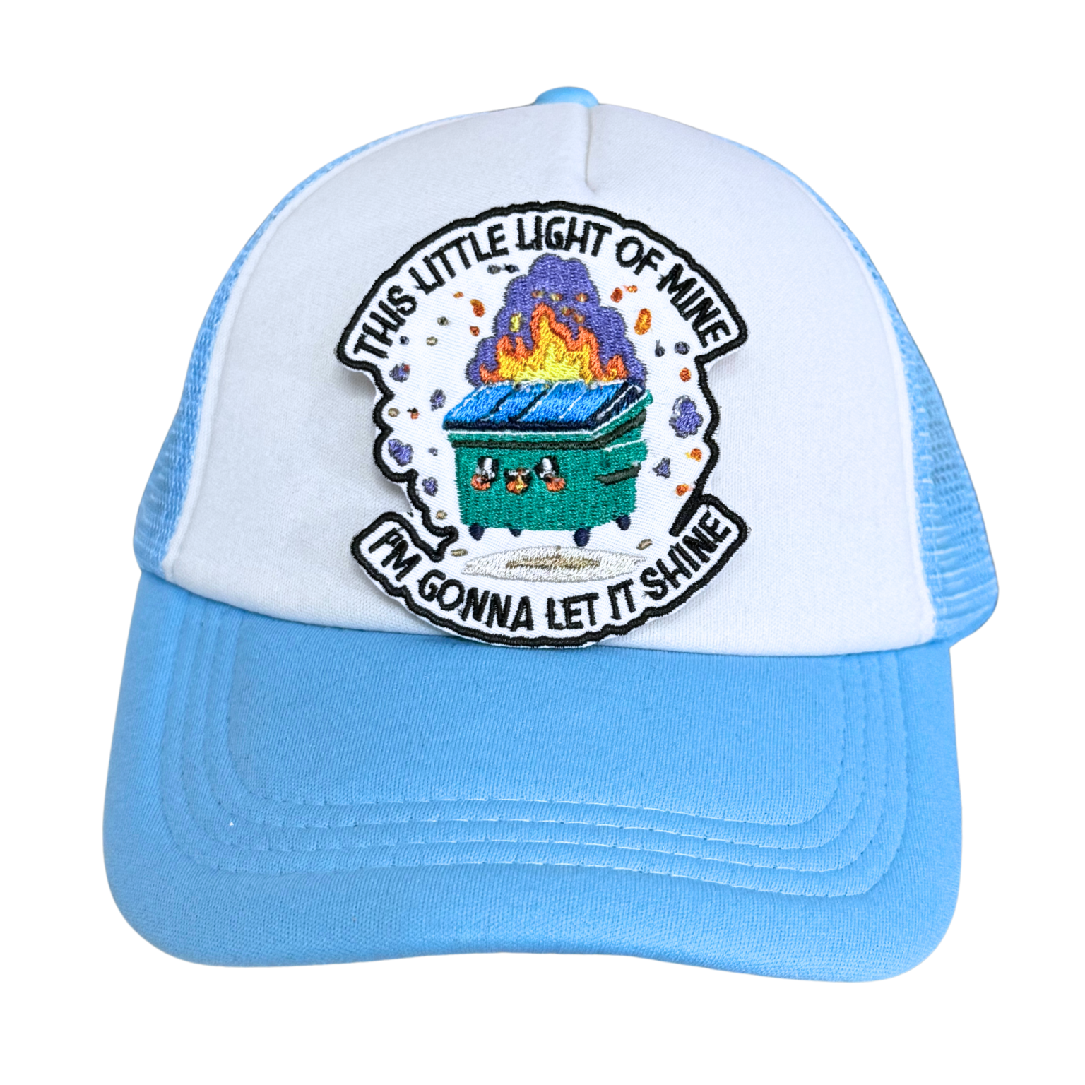 Light blue and white trucker hat with an embroidered burning dumpster patch attached.

