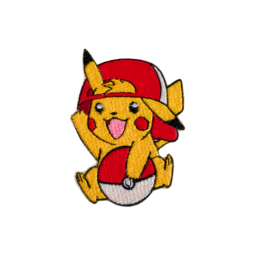 An embroidered patch of a playful yellow mouse wearing a red cap, sitting on a two-toned hat.

