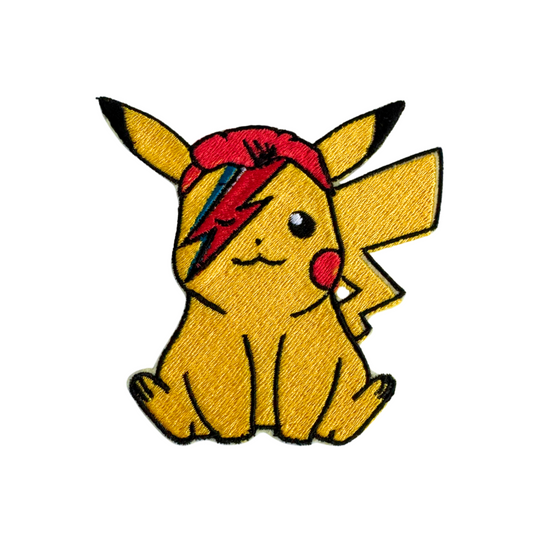 Embroidered patch featuring an electric rodent with a red glam rock hairstyle and lightning bolt makeup, set against a white background.
