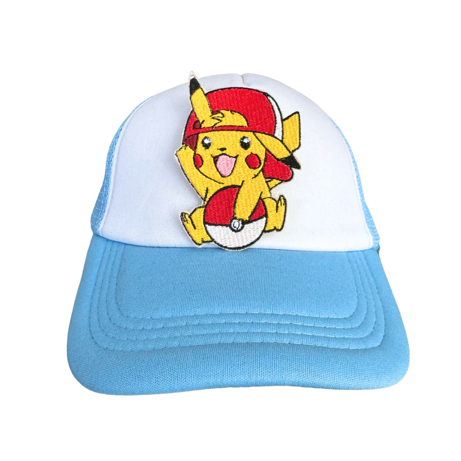 An embroidered patch of a playful yellow mouse wearing a red cap, sitting on a two-toned hat.

