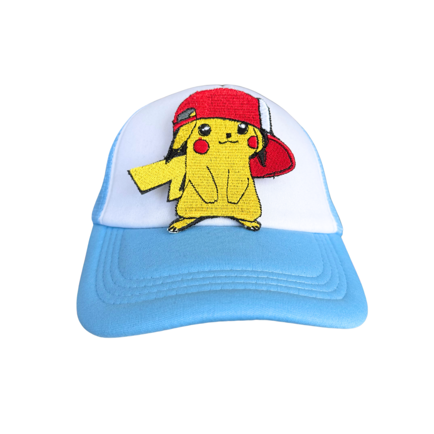 Cartoon-inspired embroidered patch on a trucker hat