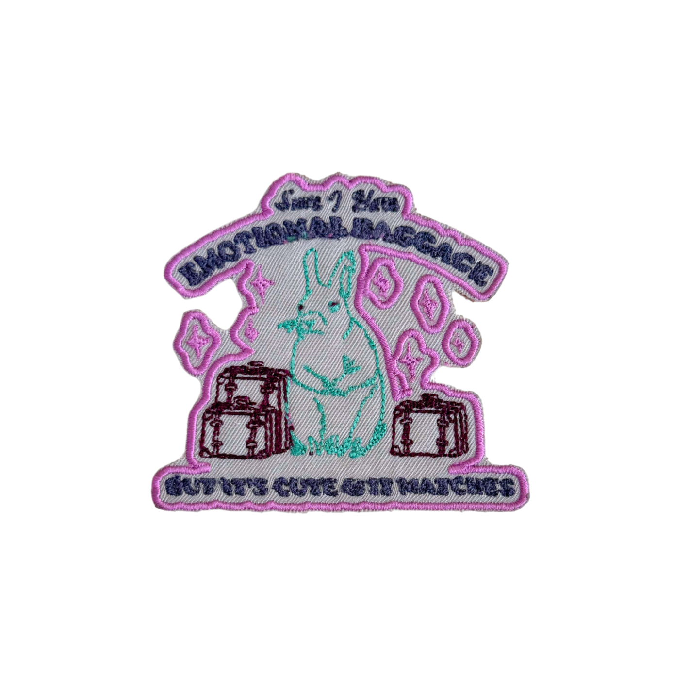 Embroidered patch with a bunny and luggage that reads "Sure, I Have Emotional Baggage, But It’s Cute and It Matches."
