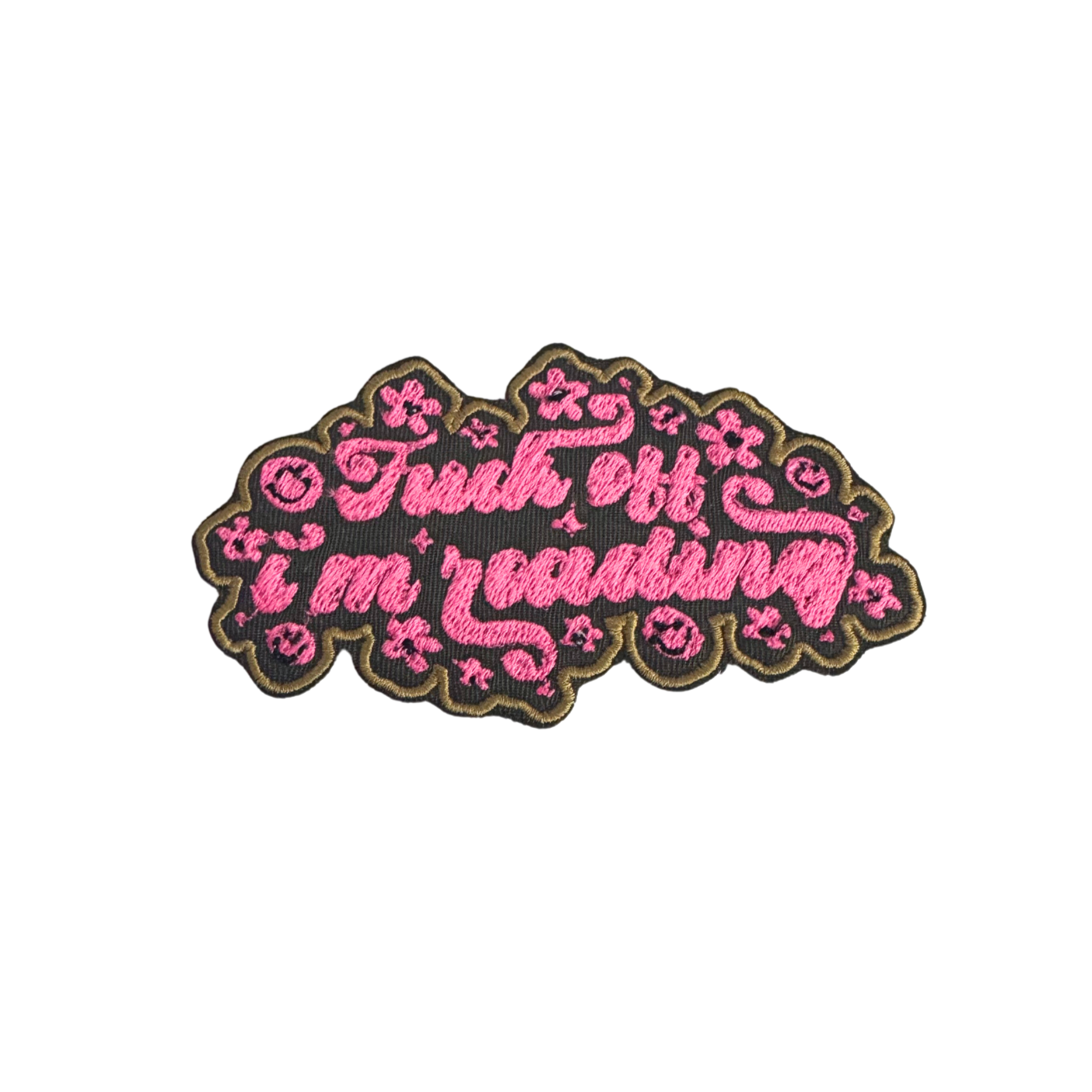 Pink "Fuck Off I'm Reading" embroidered patch with floral accents on black and olive green backing.
