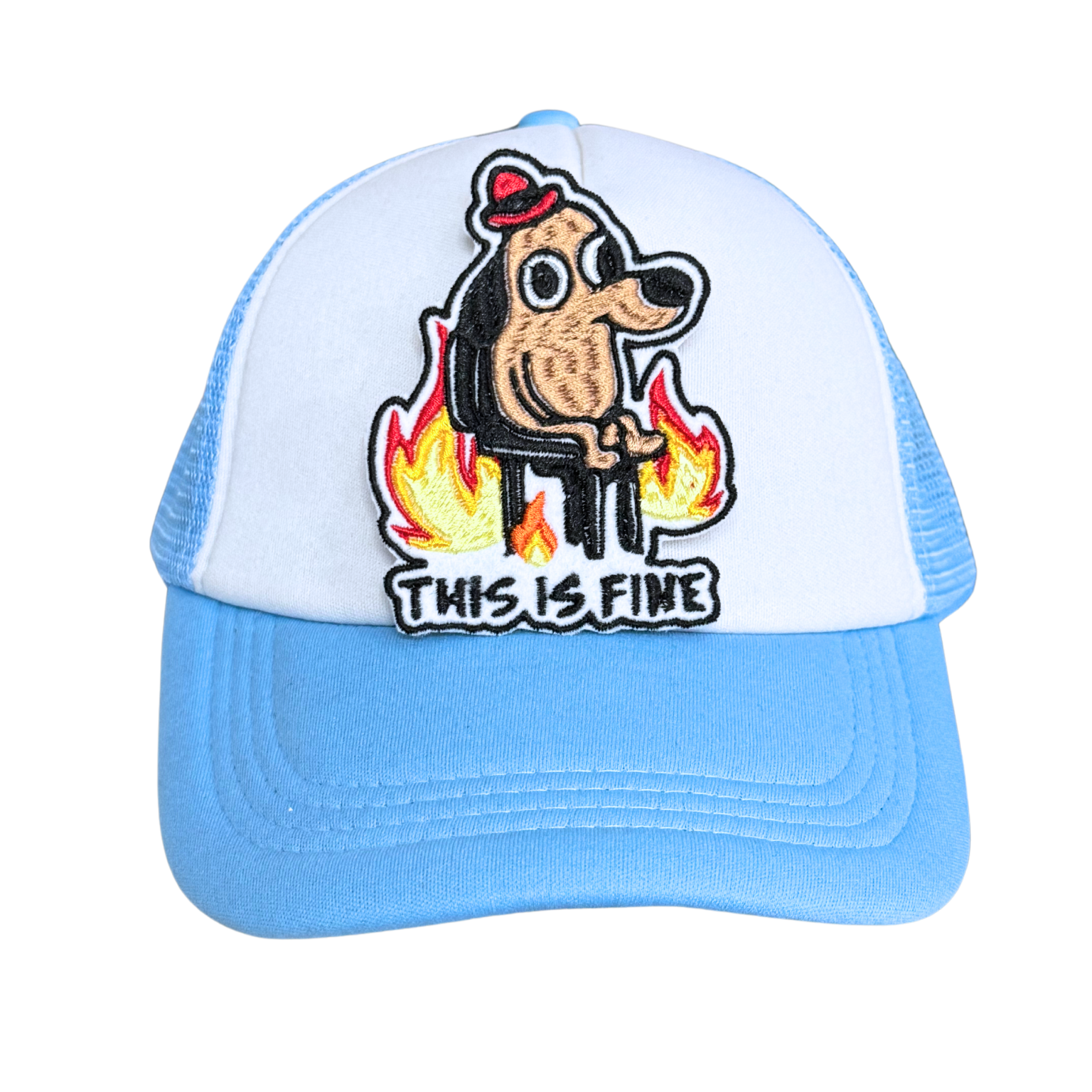 Light blue and white trucker hat with embroidered "This Is Fine" meme patch attached.

