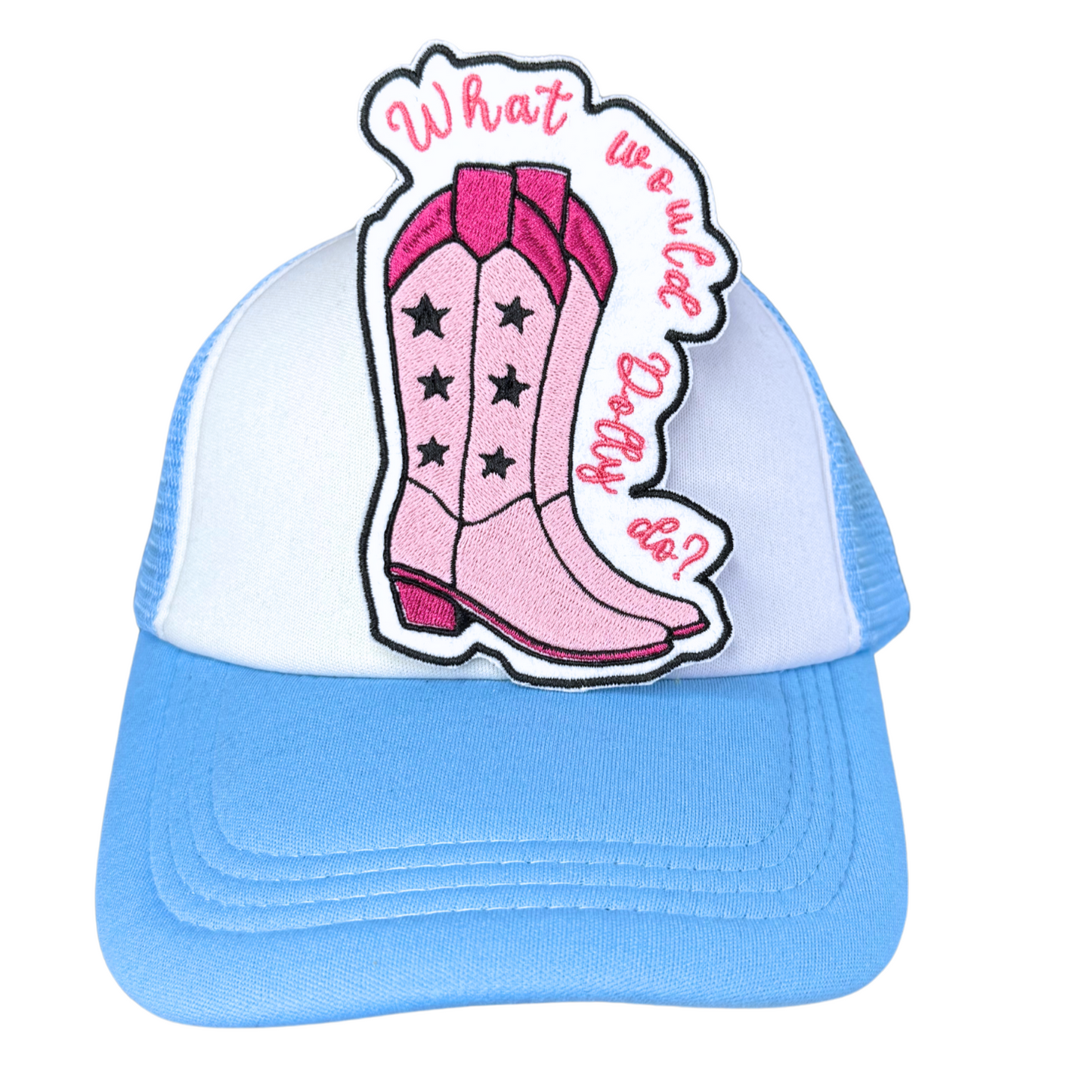 "What Would Dolly Do?" embroidered patch attached to a light blue and white trucker hat.
