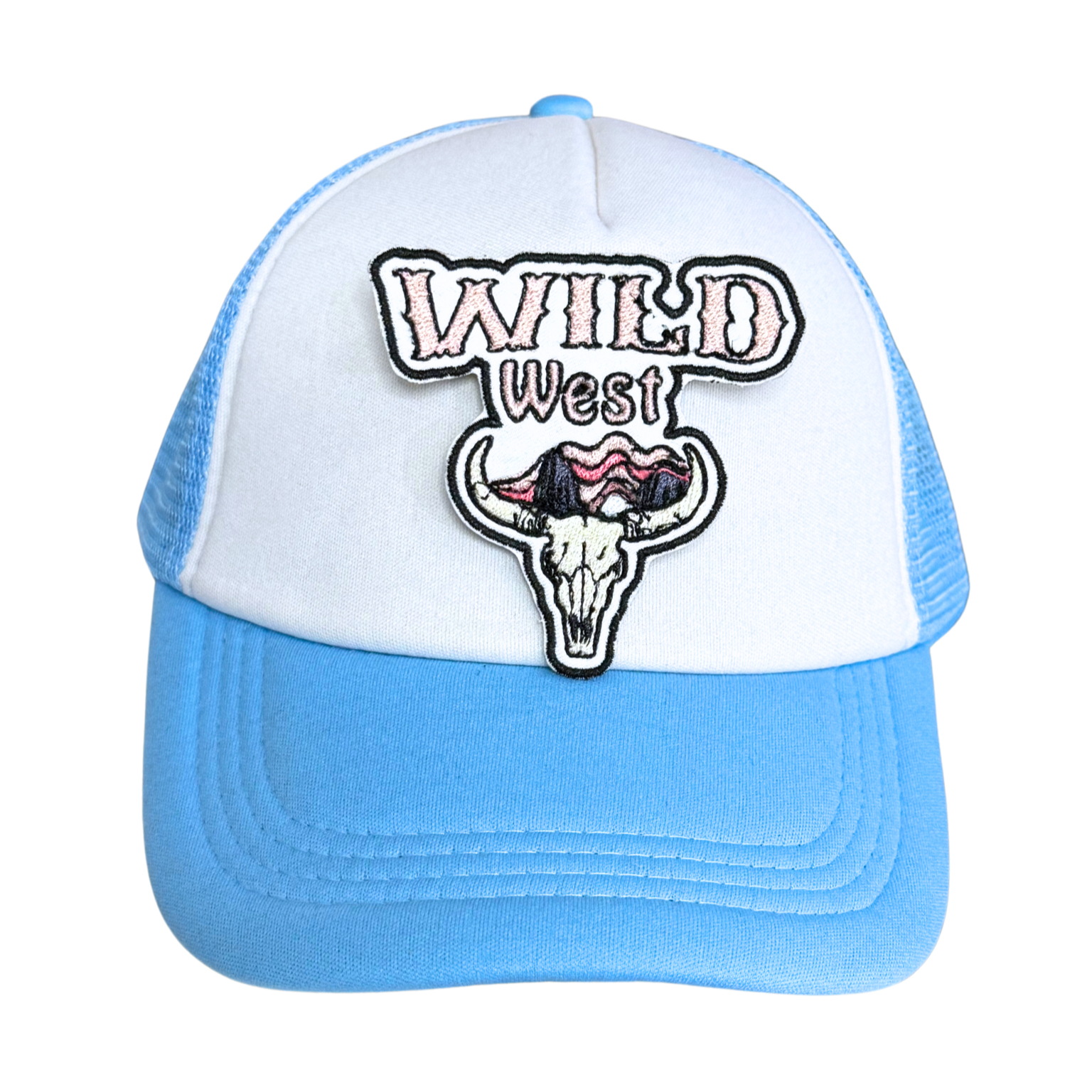 Light blue and white trucker hat with an embroidered Wild West cow skull patch attached.

